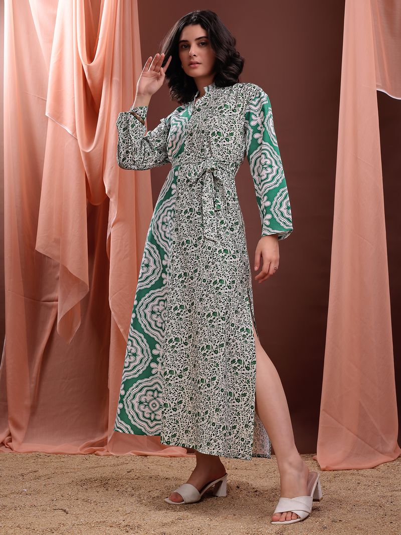 Women's Green A-Line Bell Sleeve Cotton Blend Dress