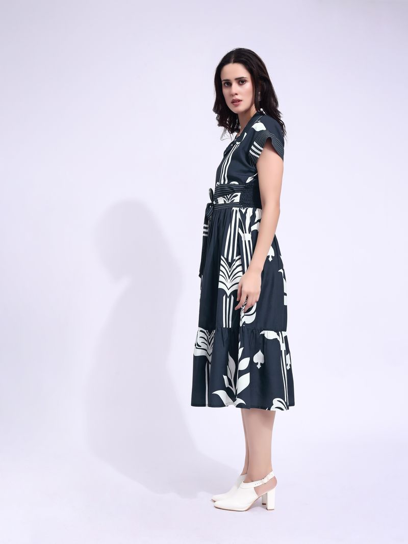 Women's Navy Blue Fit & Flared Midi Cap Sleeve Dress