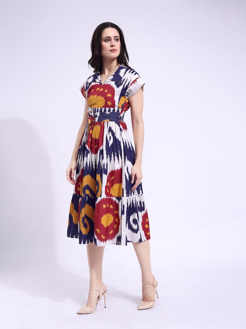 Women's Beige Fit & Flared Midi Cap Sleeve Dress