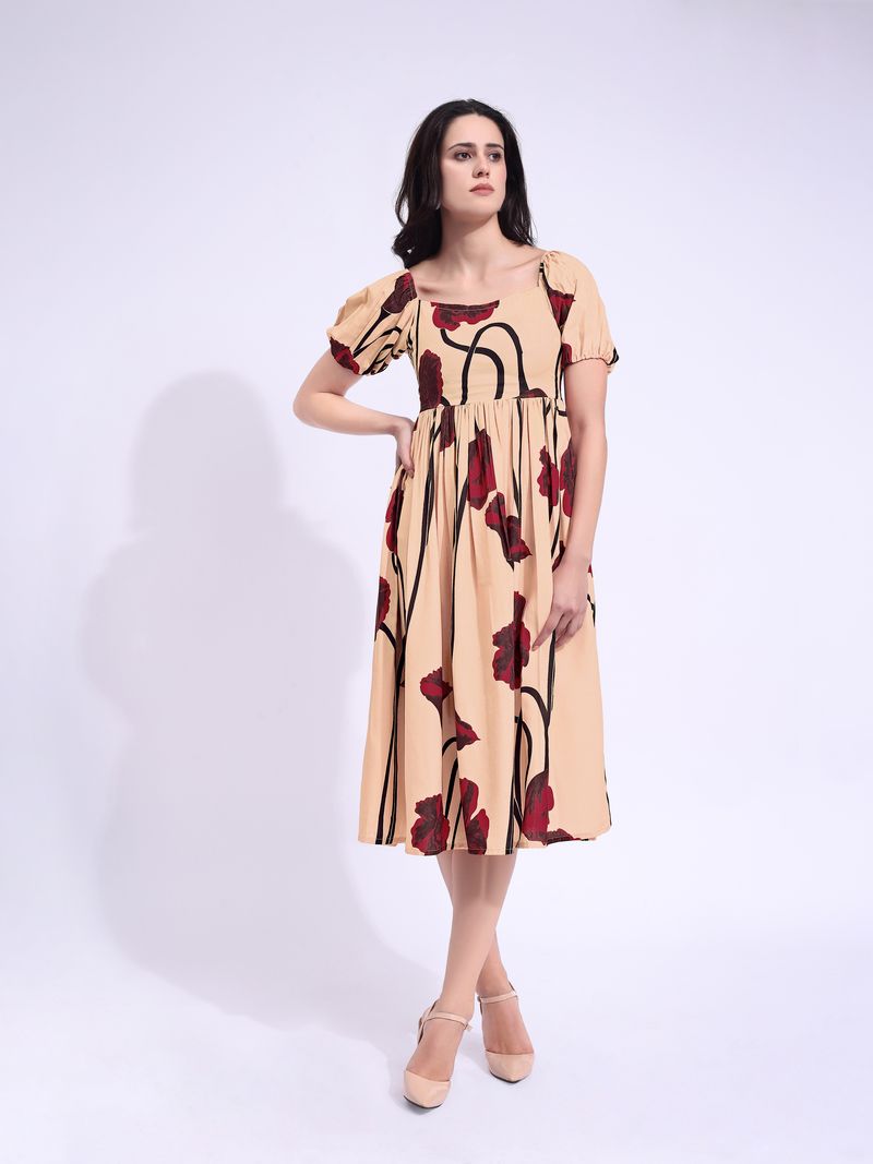 Women's Peach Midi Short Sleeve Dress