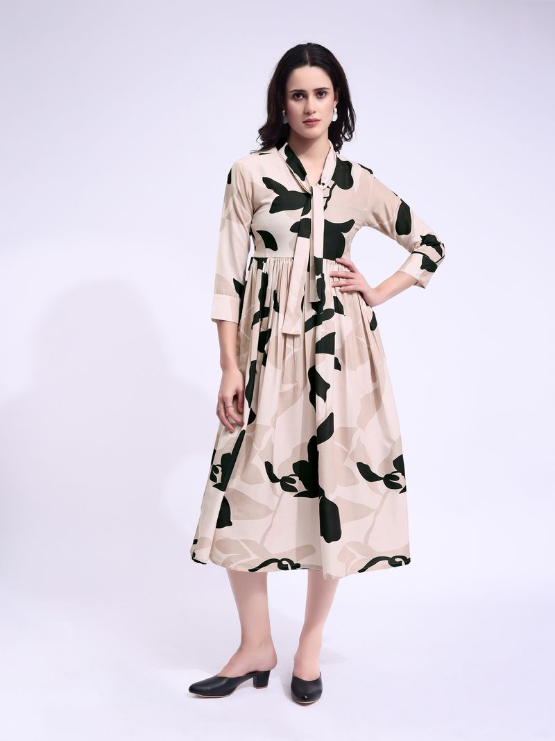 Women's Beige Fit & Flared Midi Regular Sleevee Dress