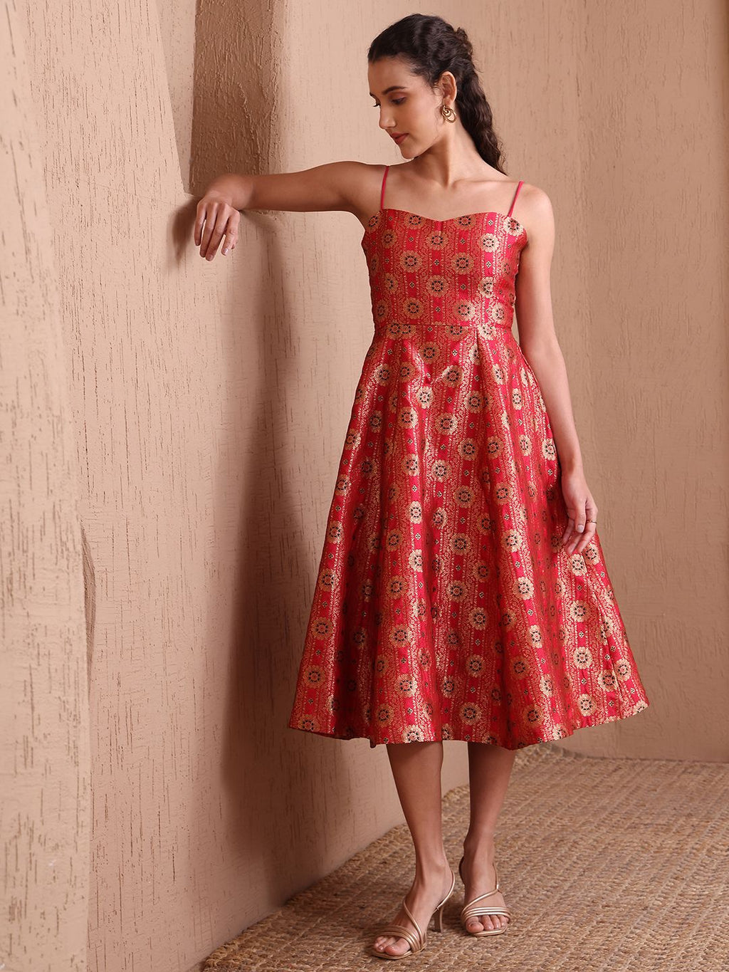 Obshivka Printed Fit and Flare Red Dress