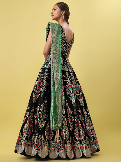 Women Black Floral Print Lehenga