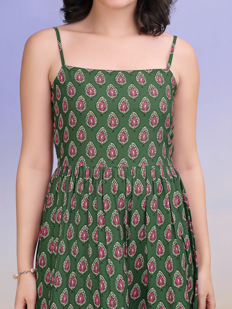 Women's Printed Flare Maxi Green Dress