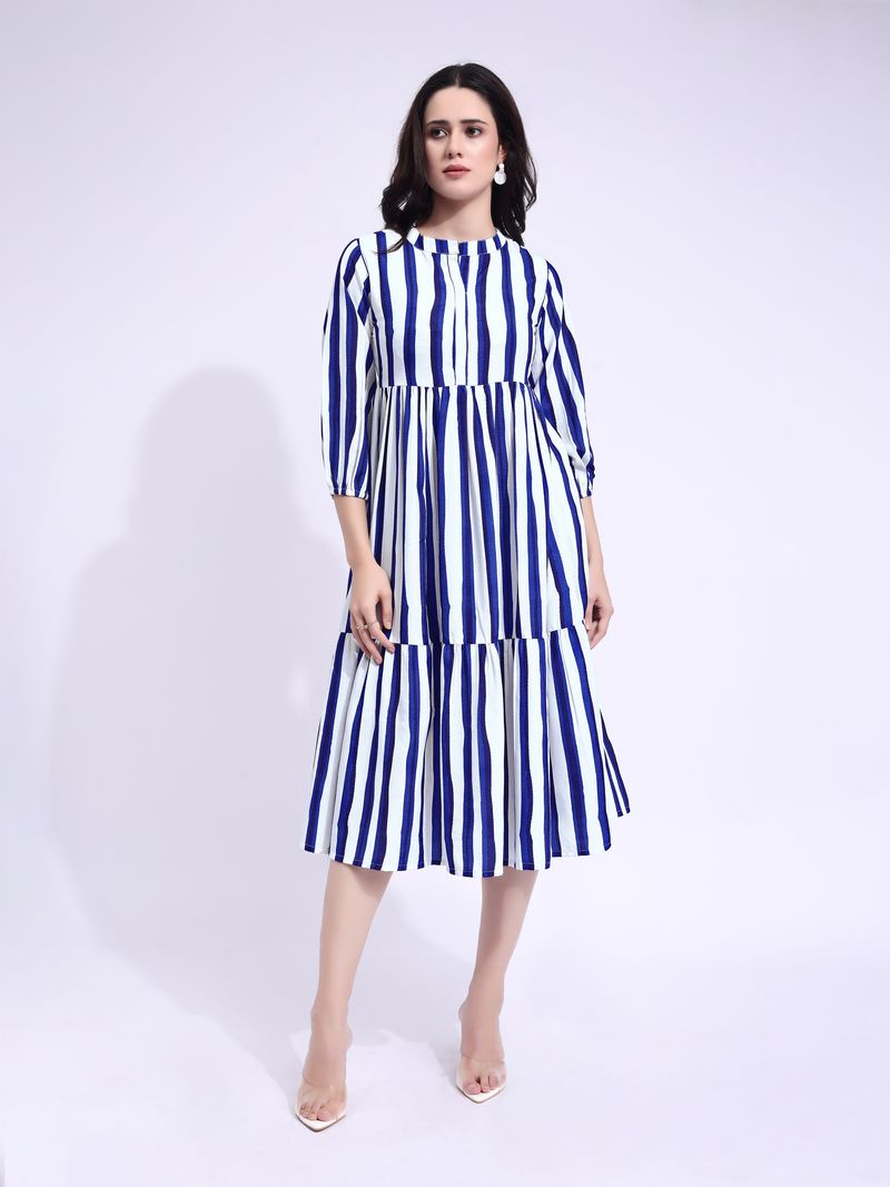 Women's White Fit & Flared Midi Puff Sleeve Dress