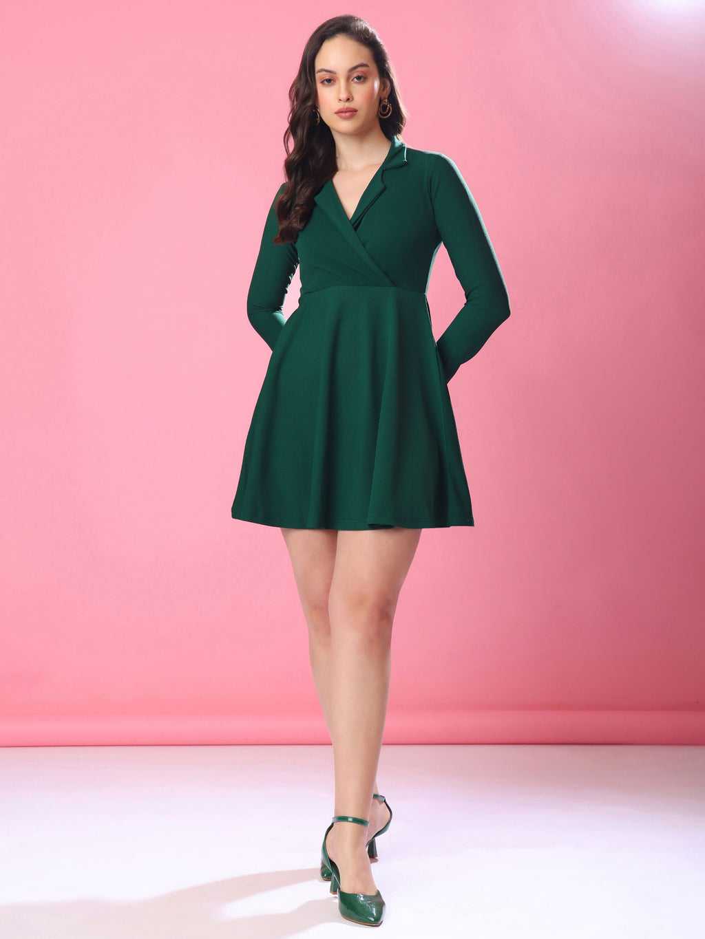 Women's Full Sleeve Fit & Flared Green Dress