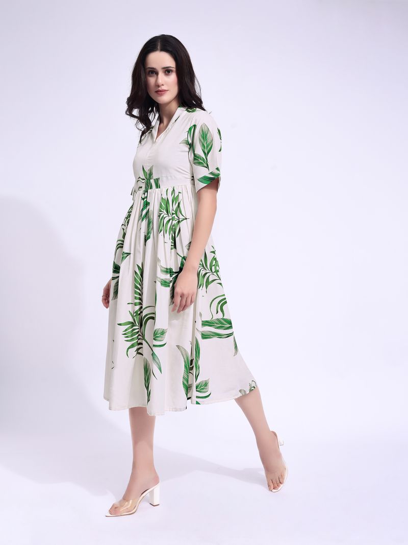 Women's Off White Fit & Flared Midi Stylish Sleeve Dress