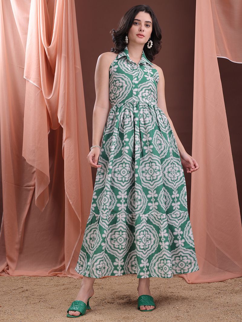 Women's Printed Fit and Flare Maxi Green Dress