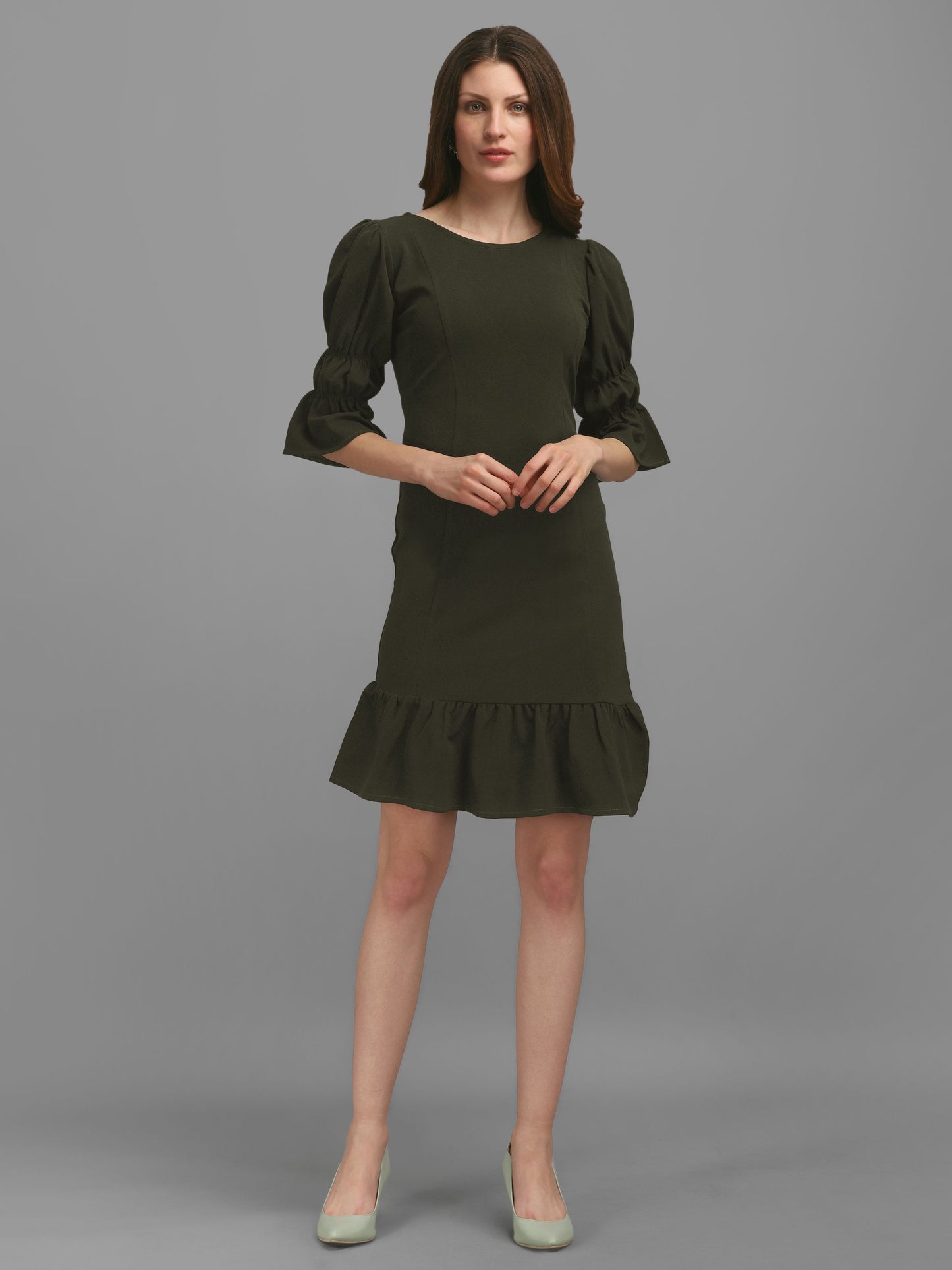 Dark-Olive  Puff Sleeve Bodycon Dress