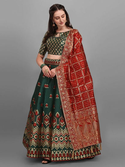 Embellished Floral Woven Dark Green Lehenga Choli