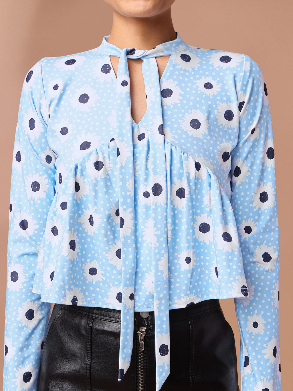 Sky blue Tie-up Neck Peplum Top For Women