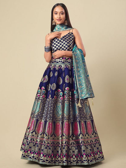 Woven Design Navy Blue Semi-Stitched Lehenga Choli