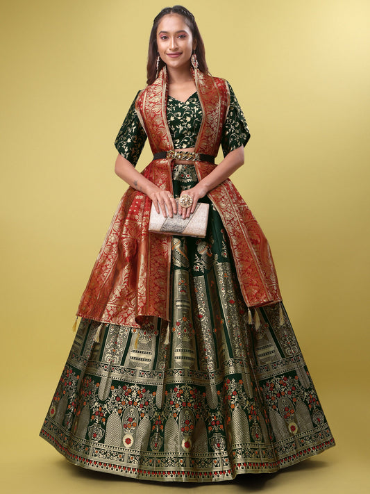 Decorated With Beautiful Flower Motif Dark Green Lehenga Choli