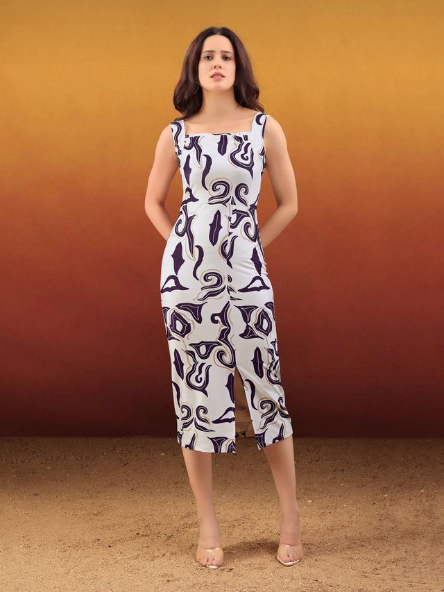 Women's Off White Printed Midi Sleeveless Dress