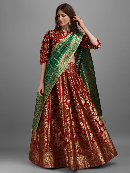 Floral Woven Kalidar Maroon Lehenga Choli