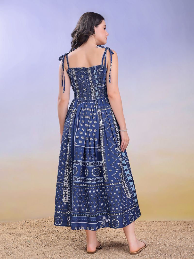 Women's Printed Fit and Flare Square Sleeveless Blue Dress