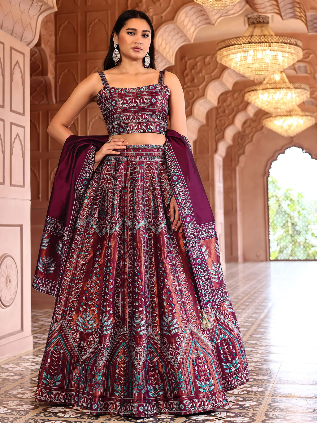 Kanjivaram Lehenga Choli Maroon Woven Motifs