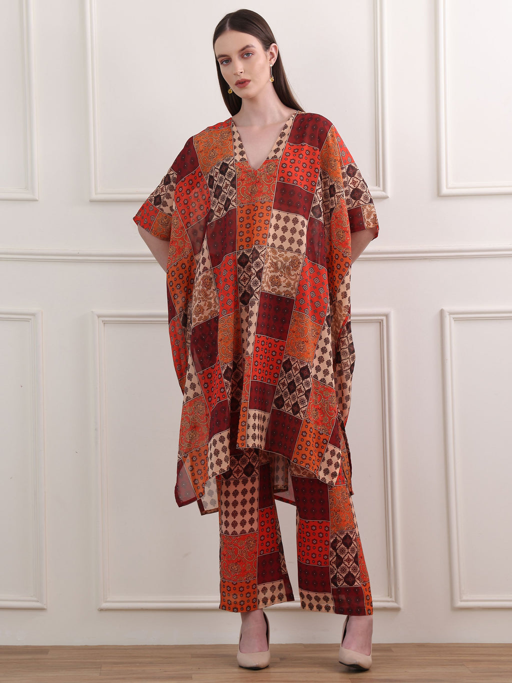 Women's Red Regular Sleeve V-neck Tunic & Palazzos Sets