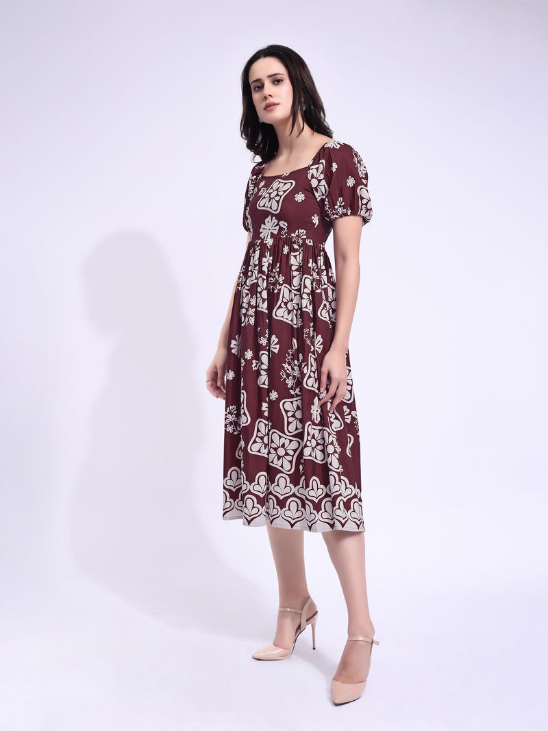 Women's Maroon Midi Short Sleeve Dress
