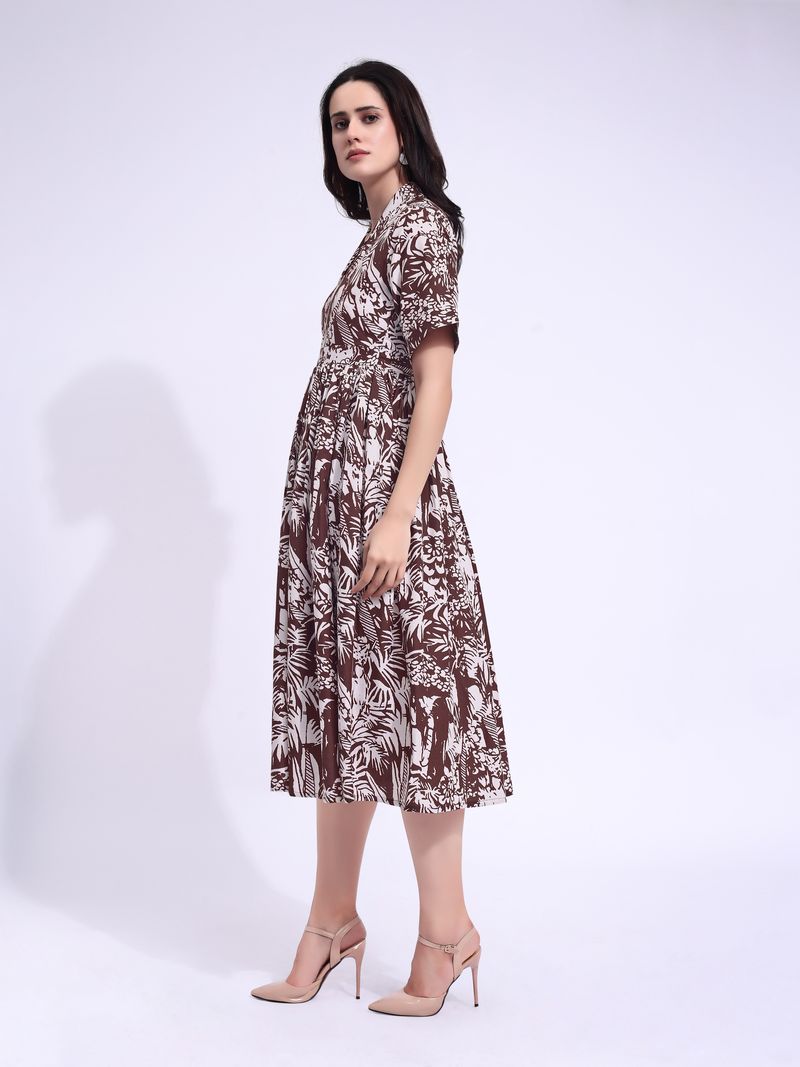 Women's Brown Fit & Flared Midi Stylish Sleeve Dress