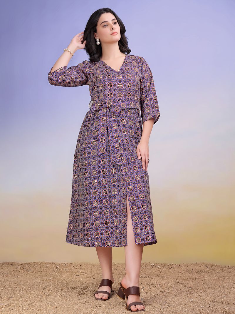 Women's Elegant Wrap Midi Bell Sleeves & Tie-Up Waist Blue Dress