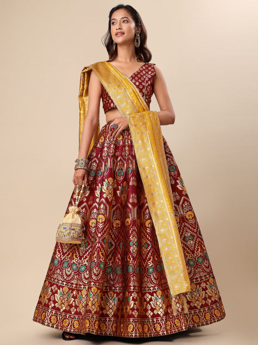 Women Maroon Floral Print Lehenga