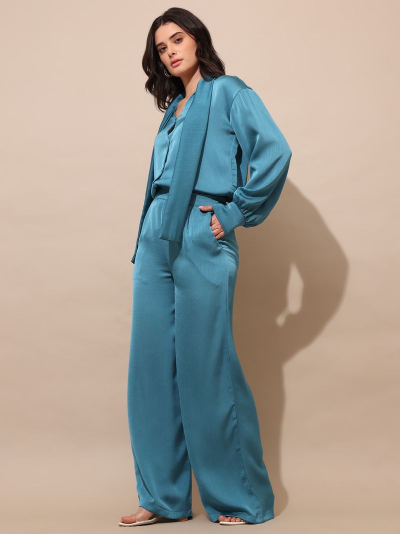 Women's Blue Solid Silk Blend Tie-Up Stylized Co-Ords