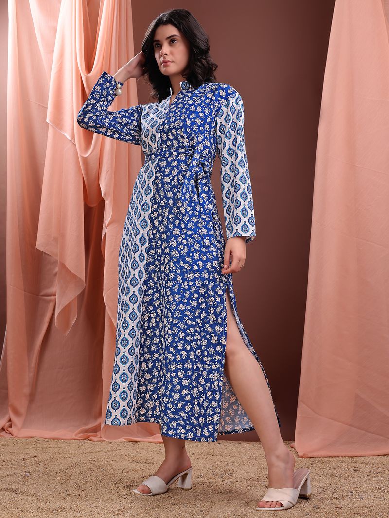 Women's Blue A-Line Bell Sleeve Cotton Blend Dress