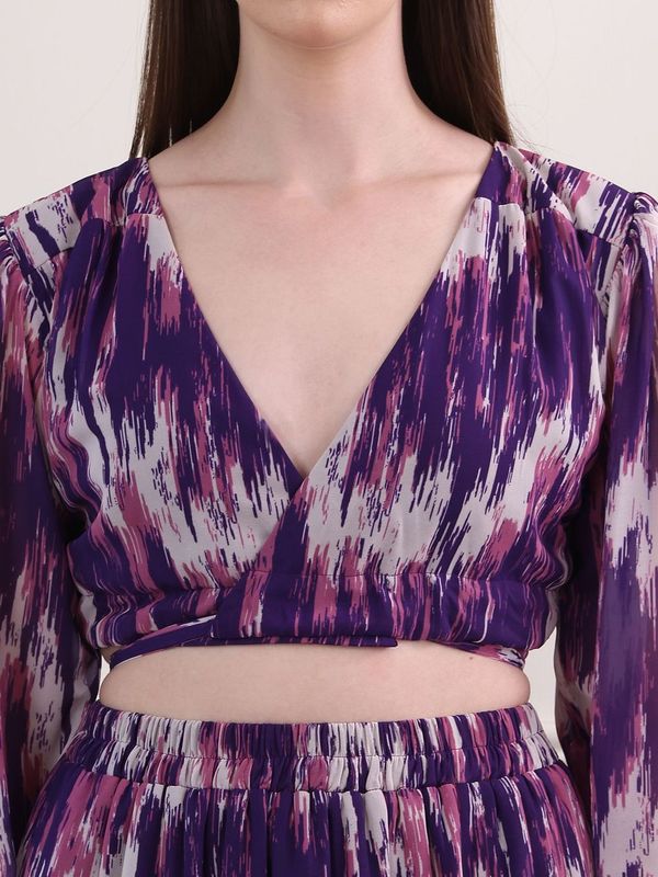 Women's Purple Stylish Puff Sleeve Top & Skirt Sets