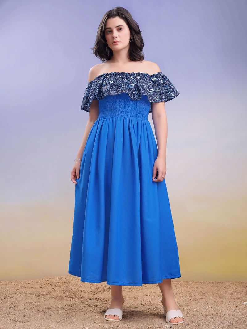 Women's Royal Blue Solid Off Shoulder Sleeveless Dress