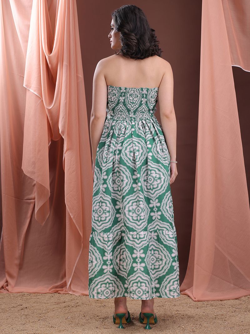 Women's Printed Fit and Flare Maxi Green Dress