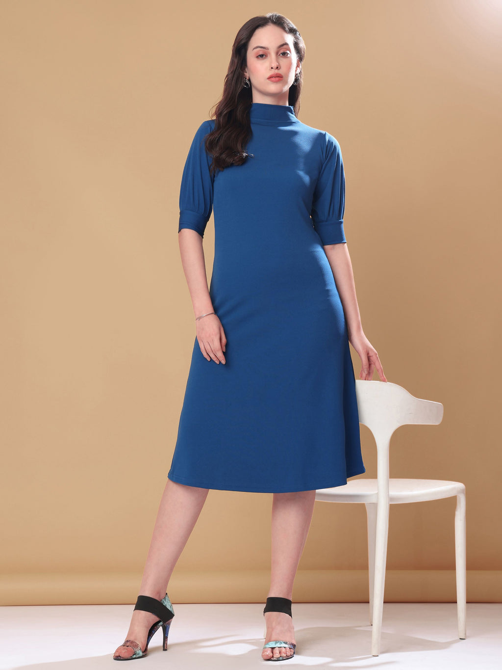Women's A-Line Elbow Sleeve Teal Dress