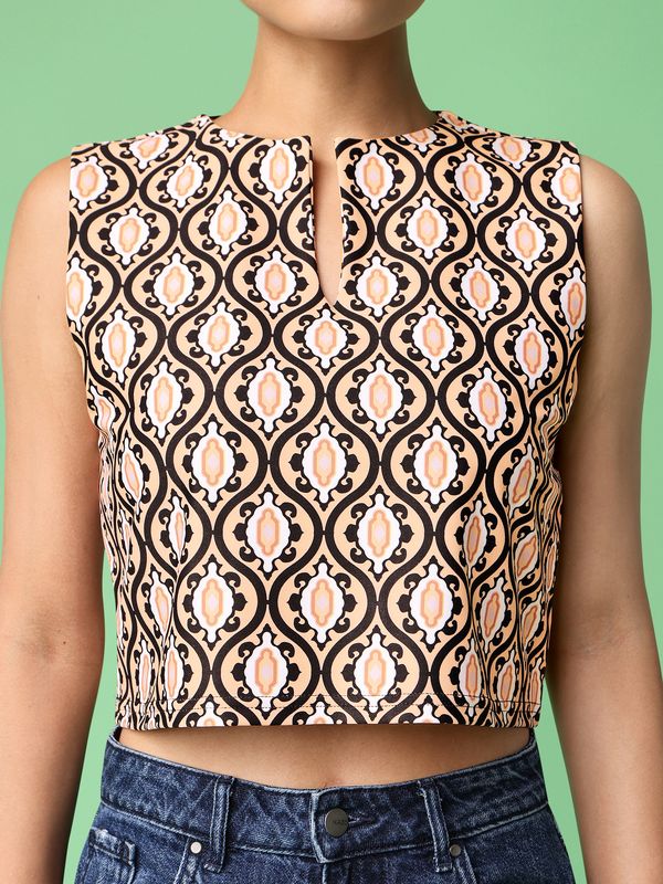 Abstract Design Light Brown Crop Top