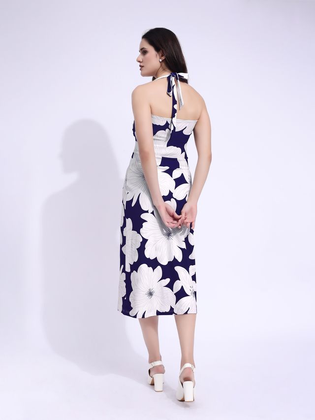 Women's Navy Blue Printed Maxi  Sleeveless Dress