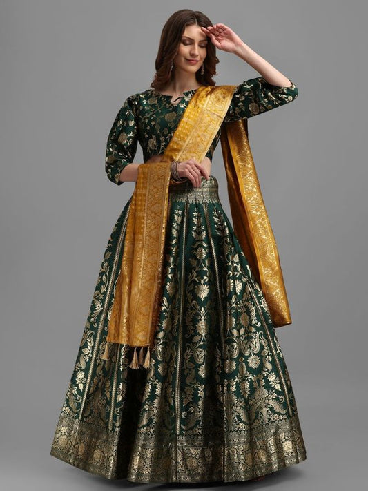 Floral Woven Kalidar Dark Green Lehenga Choli