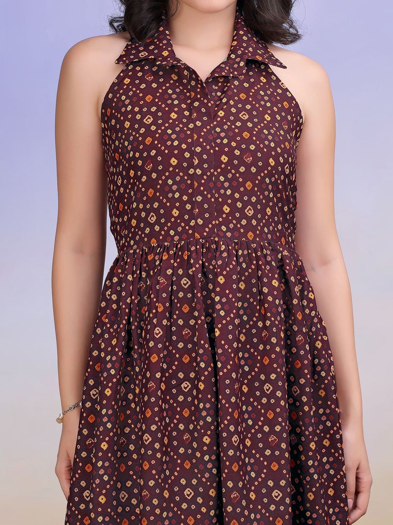 Women's Printed Fit and Flare Maxi Brown Dress