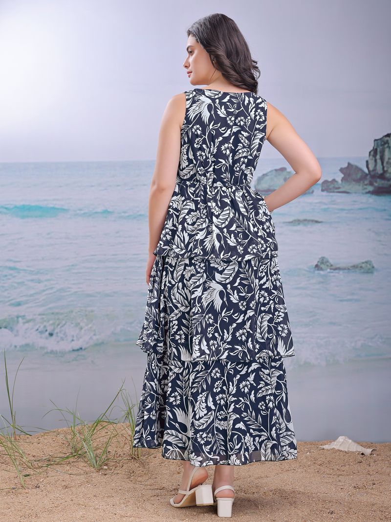 Women's Blue Fit & Flared Maxi Sleeveless Dress