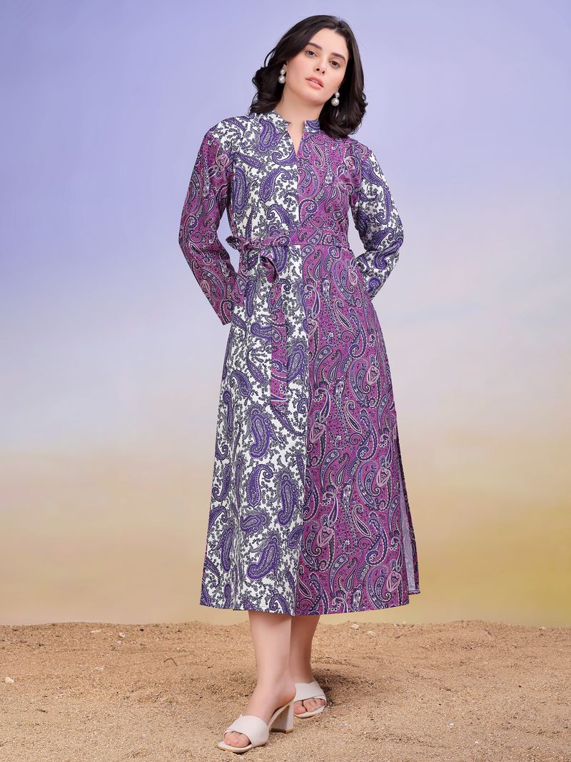 Women's Purple A-Line Bell Sleeve Cotton Blend Dress