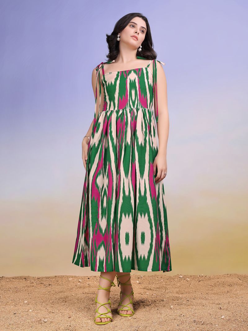 Women's Printed Fit and Flare Square Sleeveless Green Dress