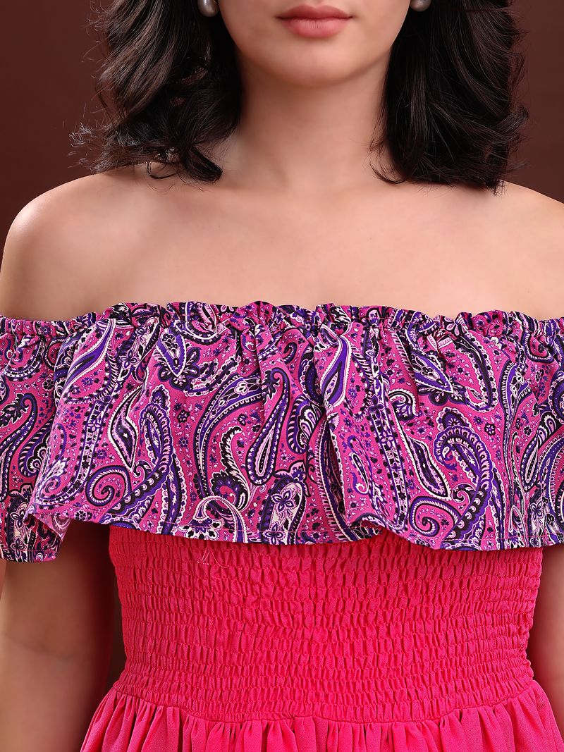 Women's Pink Solid Off Shoulder Sleeveless Dress