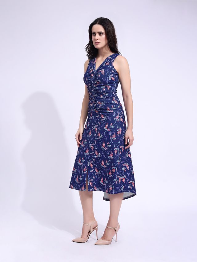 Women's Blue Printed Midi  Sleeveless Dress