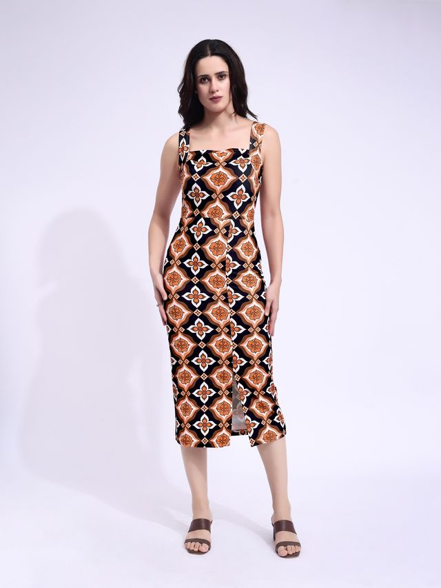 Women's Black Printed Midi Sleeveless Dress