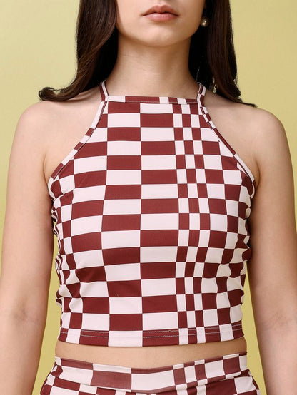 Women Maroon and White Printed Co-ords