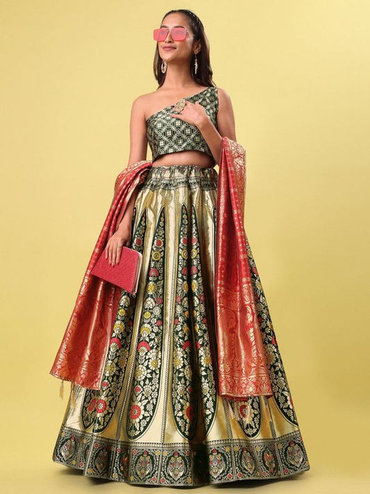 Women Green Floral Print Lehenga