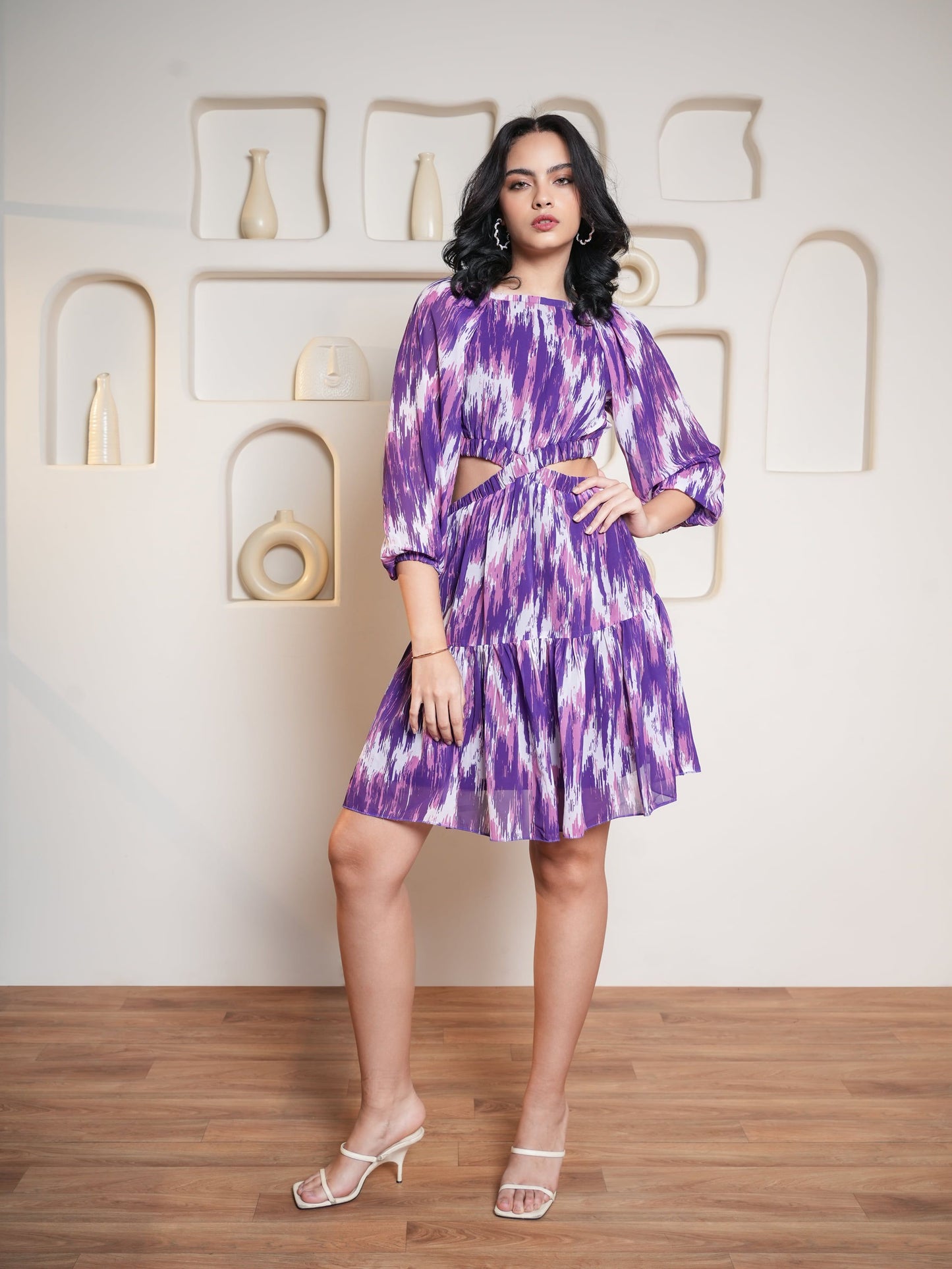 Women Purple Flared Boat Neck Dress