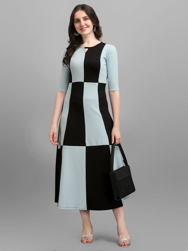 Women Sky Blue & Black Fit & Flare dress