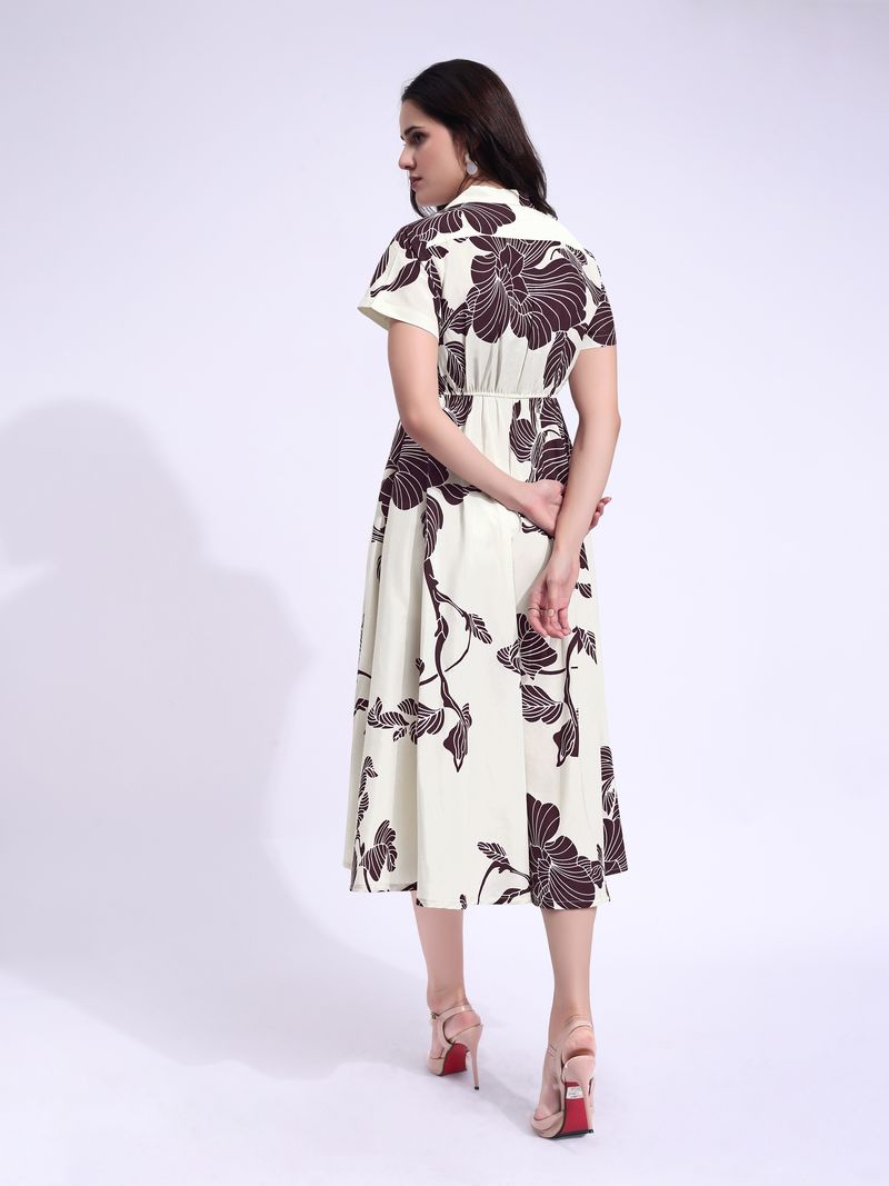 Women's Off White Fit & Flared Stylish Sleeve Dress