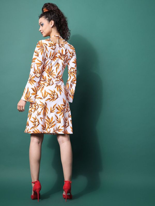 Women Yellow A line Leaf print Dress