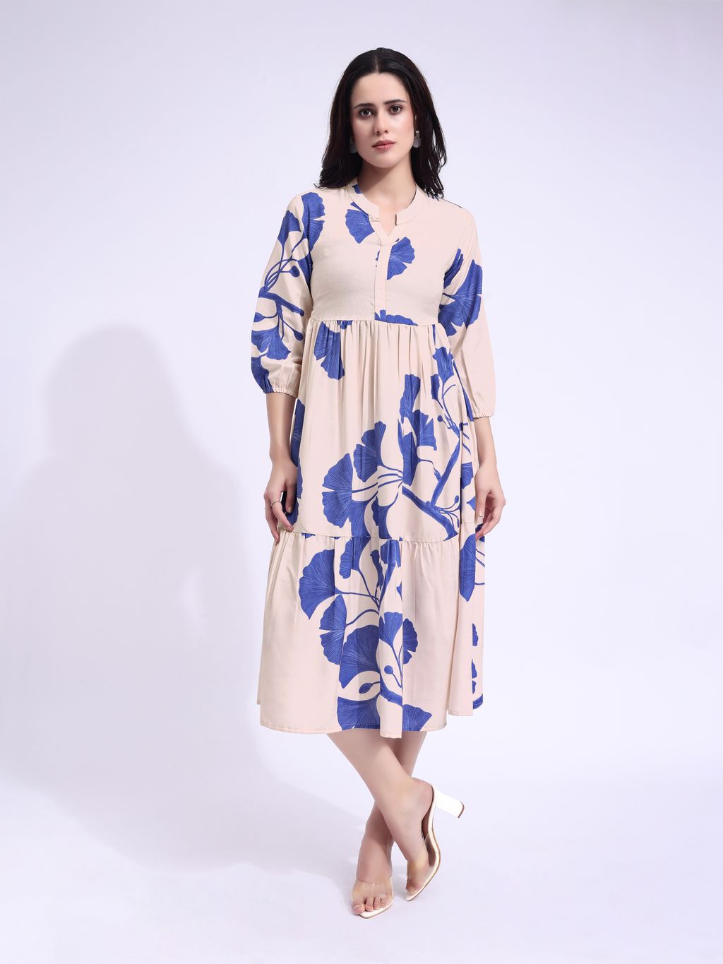 Women's Off White Fit & Flared Midi Puff Sleeve Dress