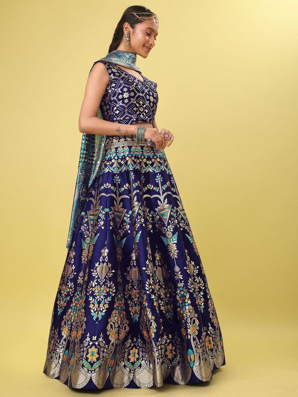 Women Blue Floral Print Lehenga